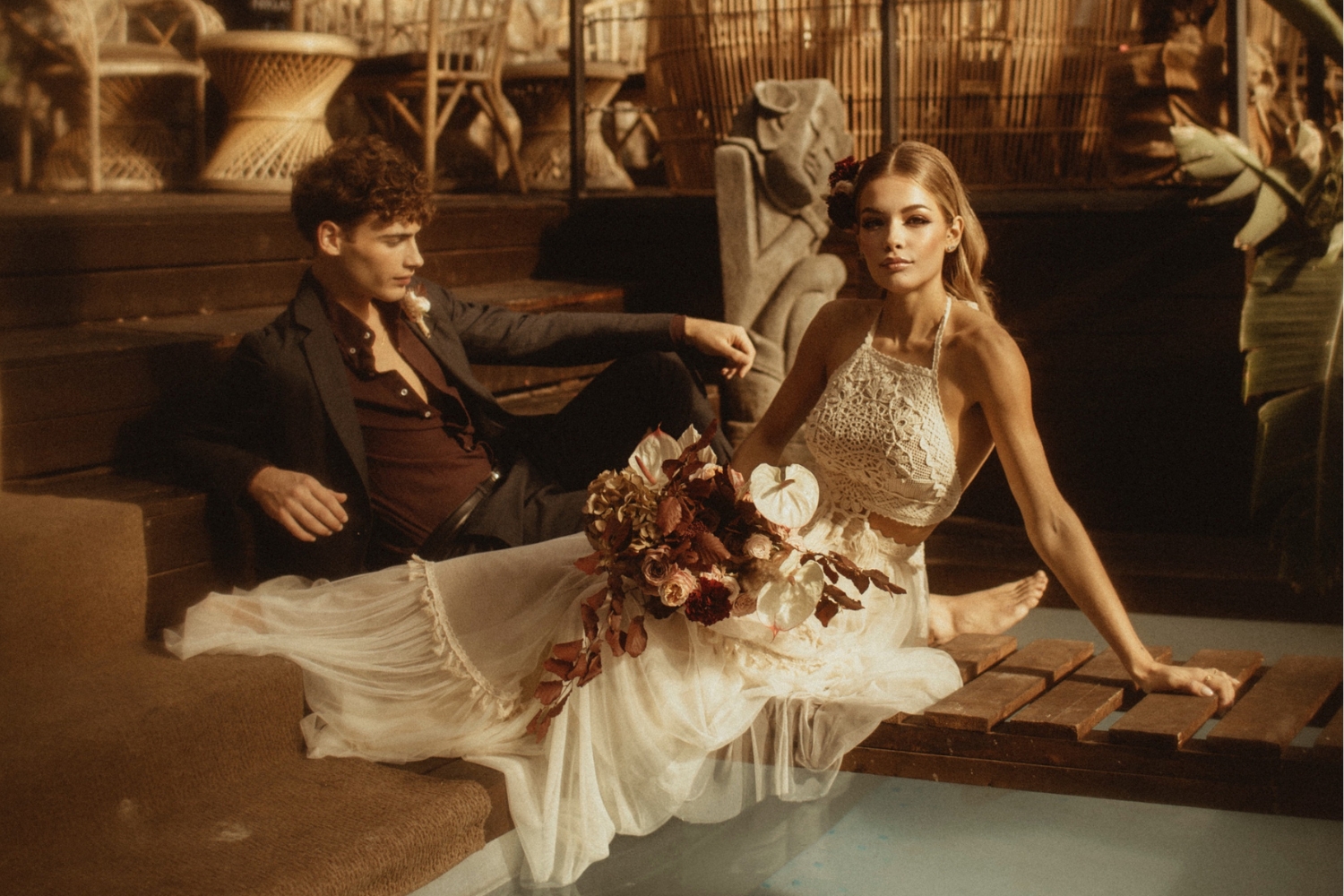 Exotic editorial shot in one of the Zolotas boho chic wedding dresses