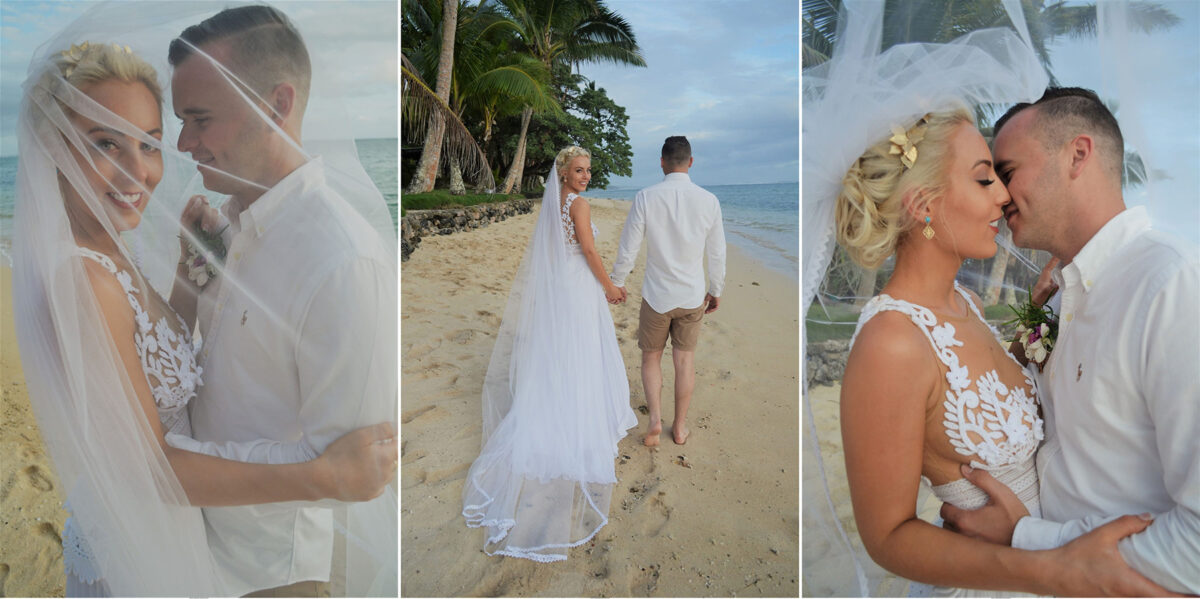 Three beach photos of Elleanor and Billy during their wedding in the Fiji Islands