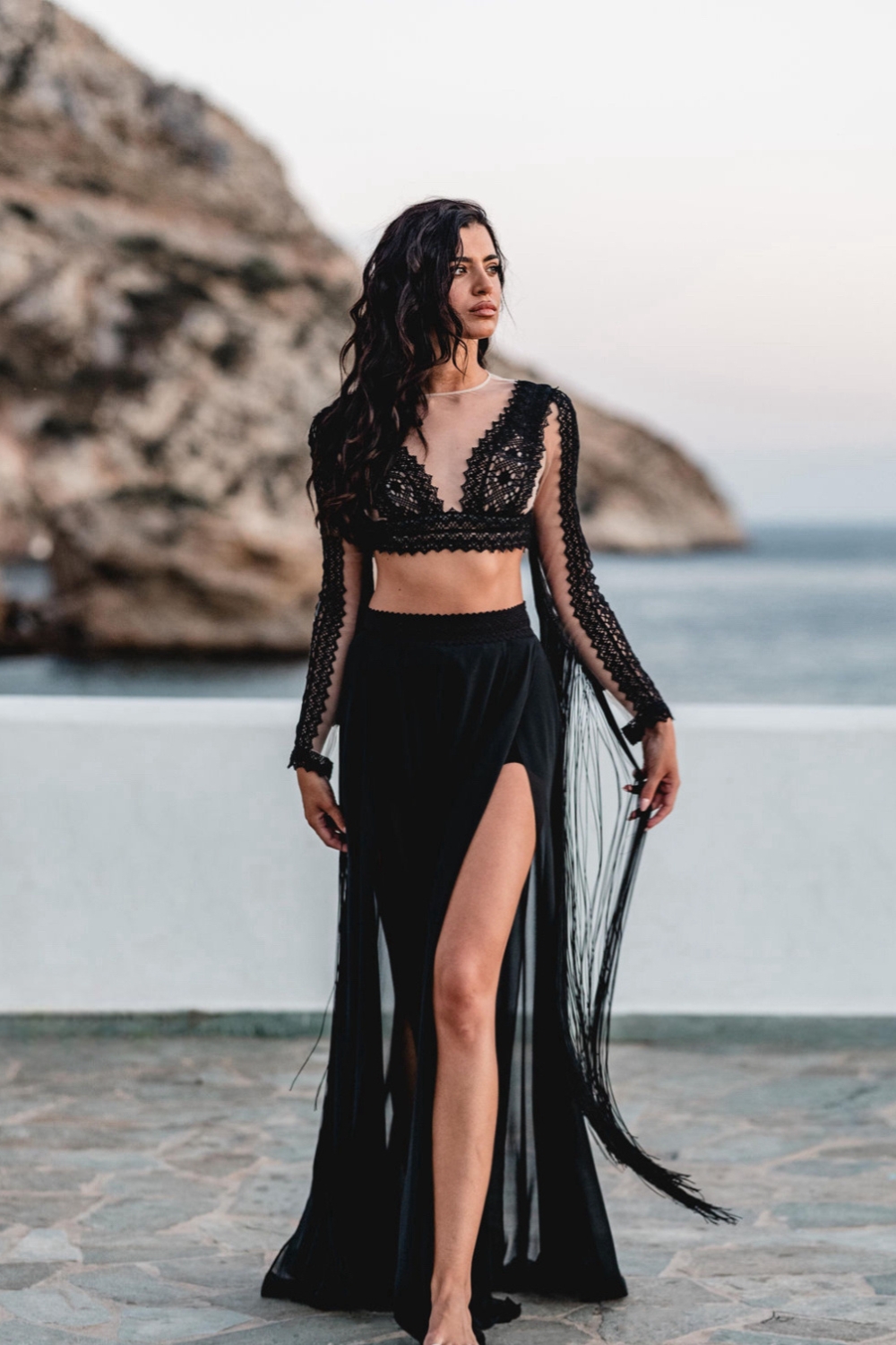 Black Lace Fringe Dress 'Kybele' by Atelier Zolotas