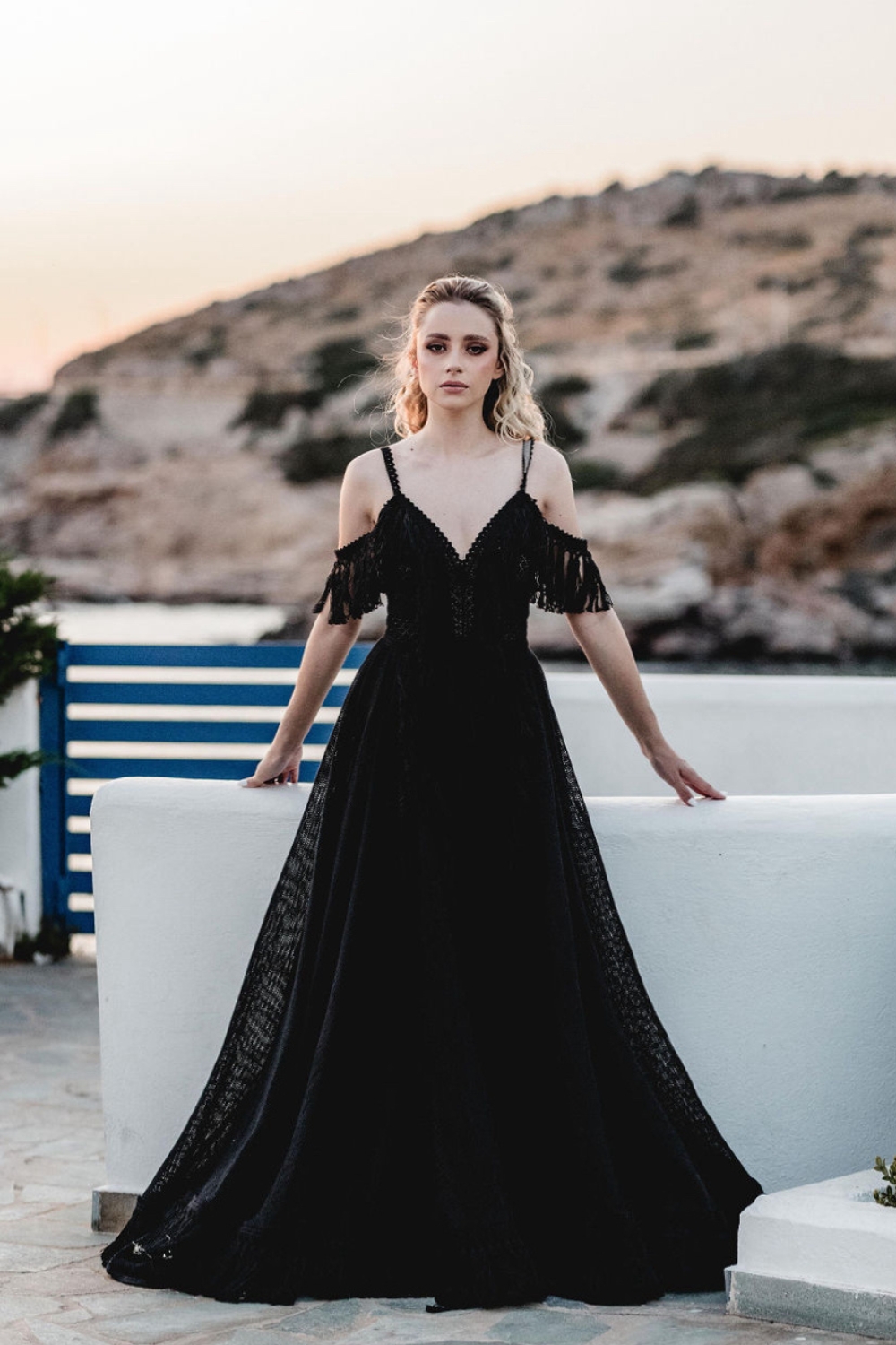 The Krosanthe boho fringe evening dress in black by VG Zolotas