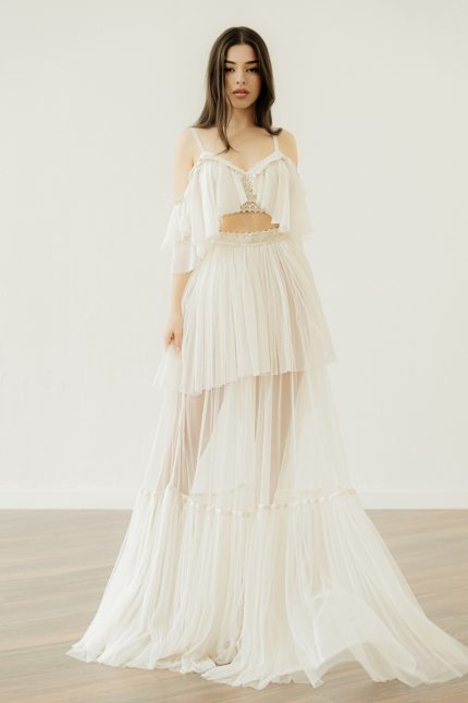 Off-the-shoulder crop top wedding dress 'Emery' paired with 'Elira' skirt by Atelier Zolotas
