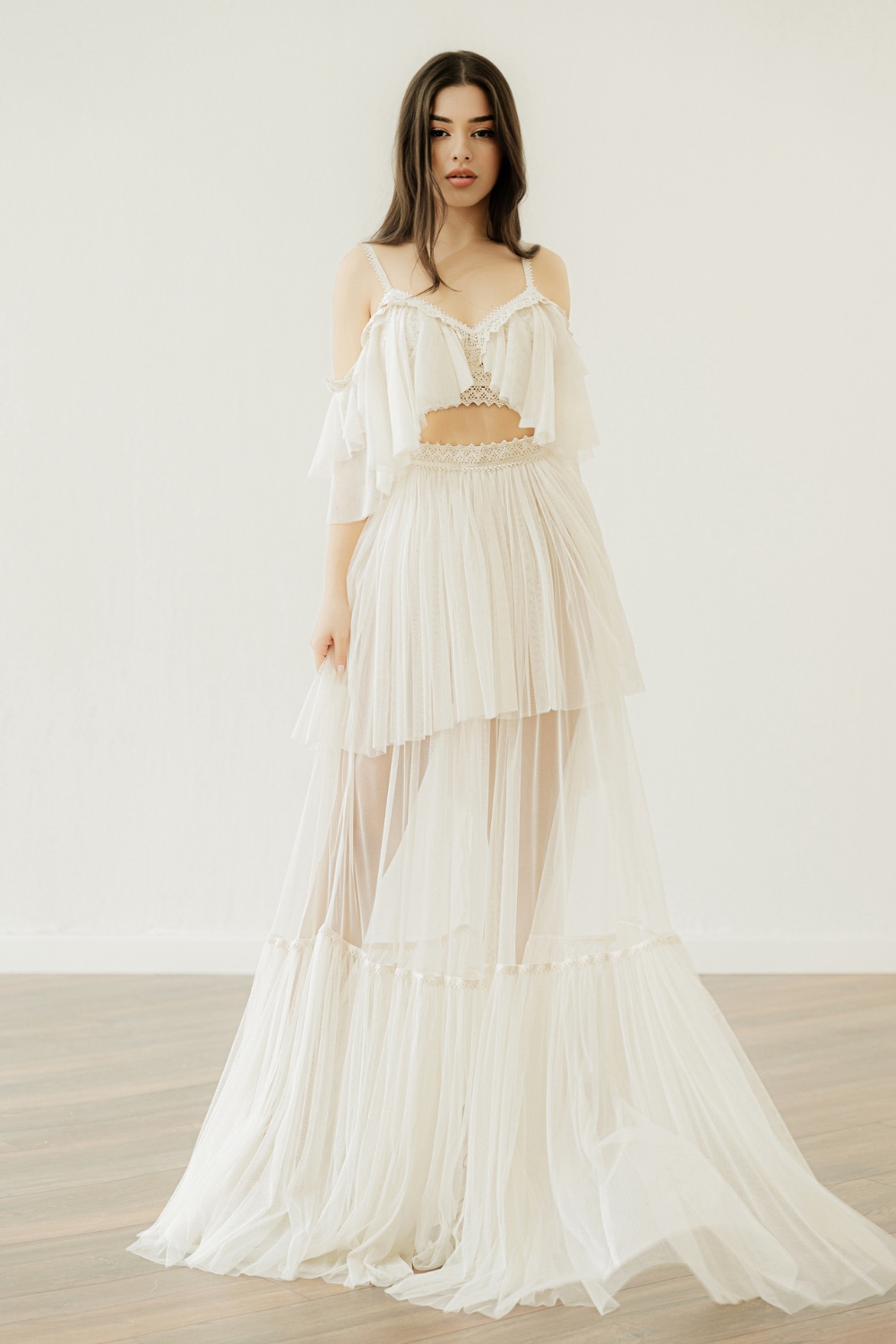 Off-the-shoulder crop top wedding dress 'Emery' paired with 'Elira' skirt by Atelier Zolotas