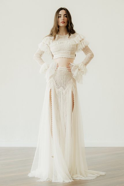 Model in the Long Sleeve Crop Top Wedding Dress ‘Hayley’, designed by VG Zolotas