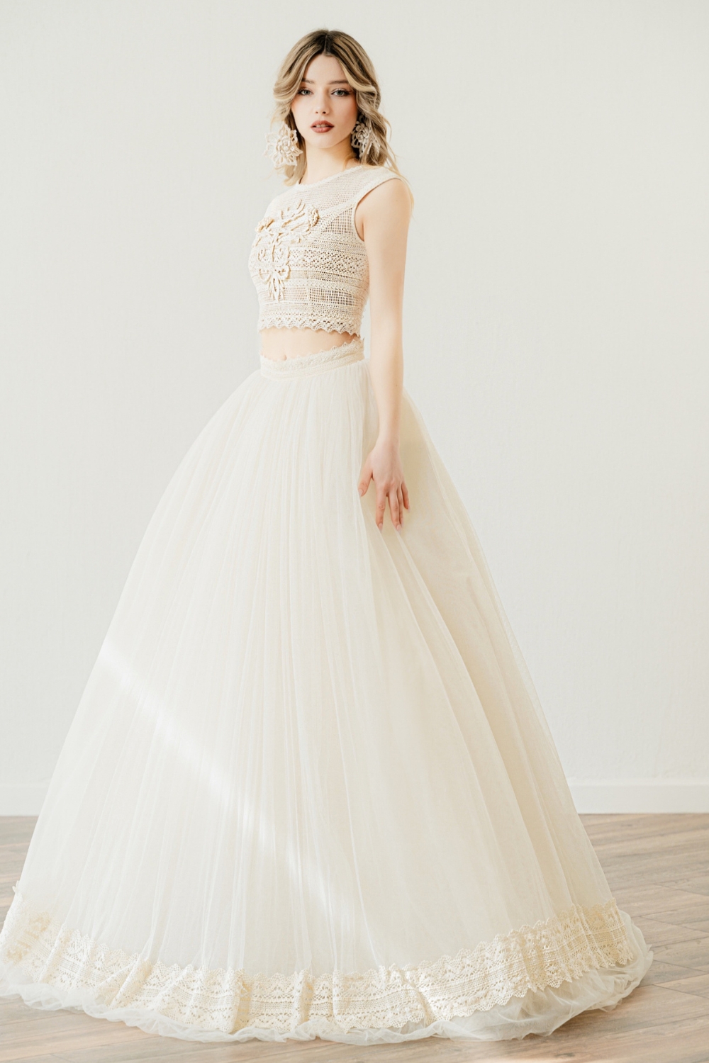 Boho Crop Top Wedding Dress: 'Hera' top & ball gown skirt by Atelier Zolotas