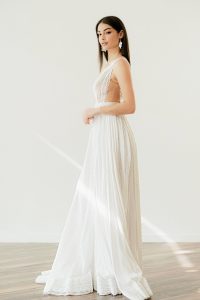 Bride in the Boho Bridal Gown Iocaste by Atelier Zolotas