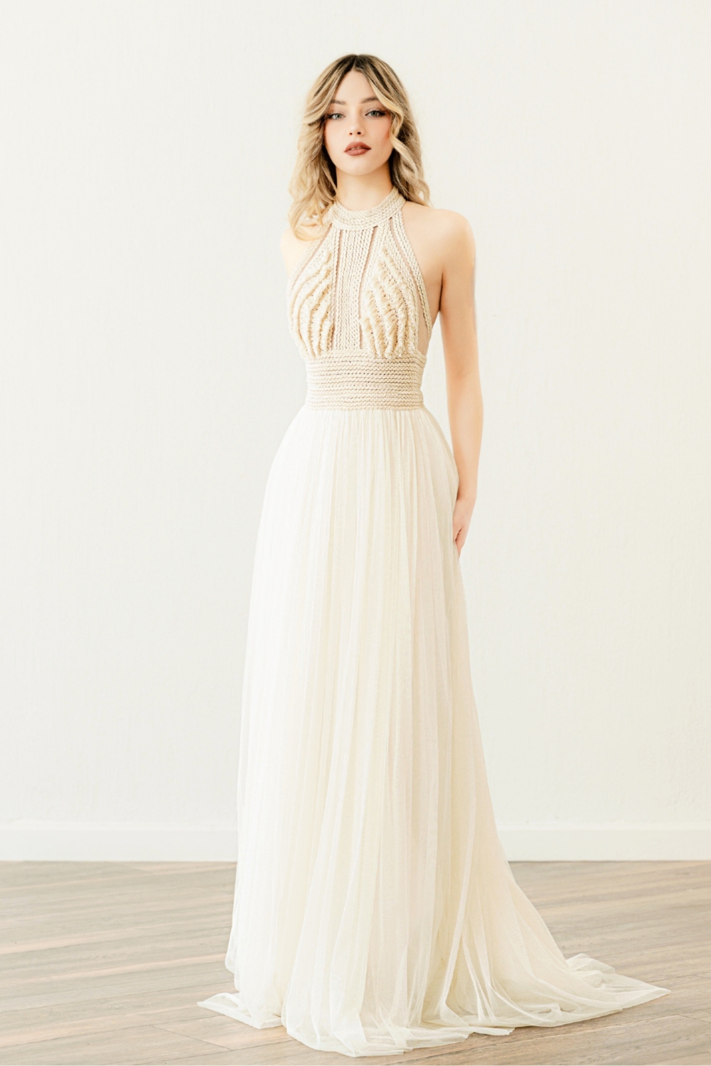 Bride in a Halter Neck Boho Wedding Dress named 'Lyra'