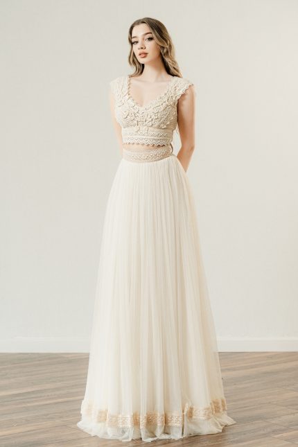 Theoni A line is one of the most popular Crop top wedding dresses of the Zolotas house