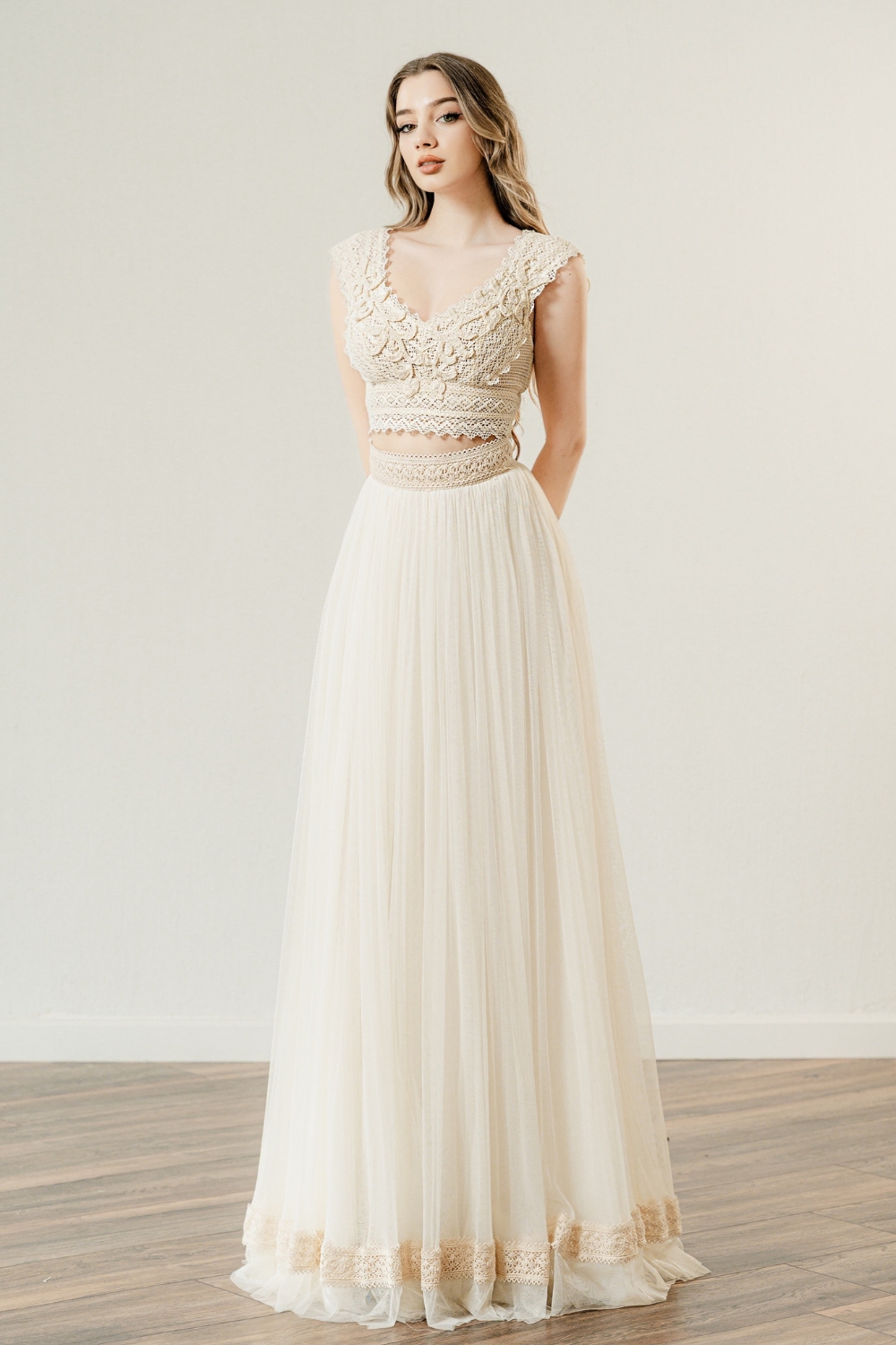 Theoni A line is one of the most popular Crop top wedding dresses of the Zolotas house