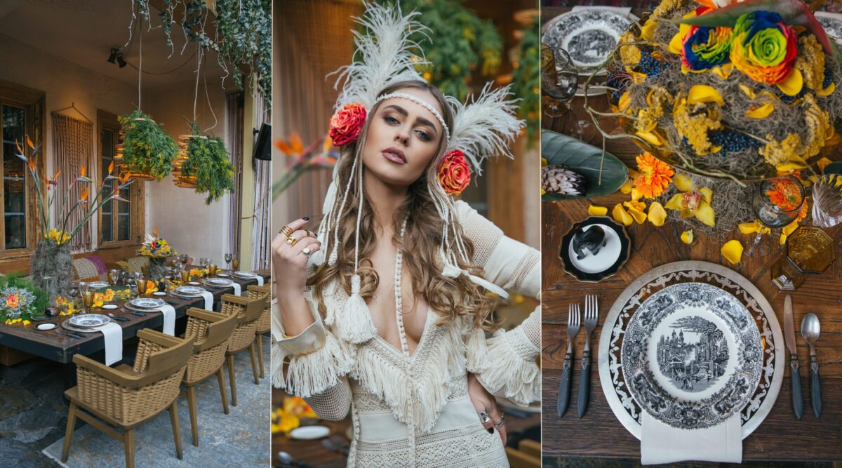 Bride wearing a hippie chic boho wedding dress “Vayia” with fringe by VG Zolotas and an impresive headpiece with flowers and feathers, posing in the tribal-inspired Coyoacan venue in Athens with tribal decoration.