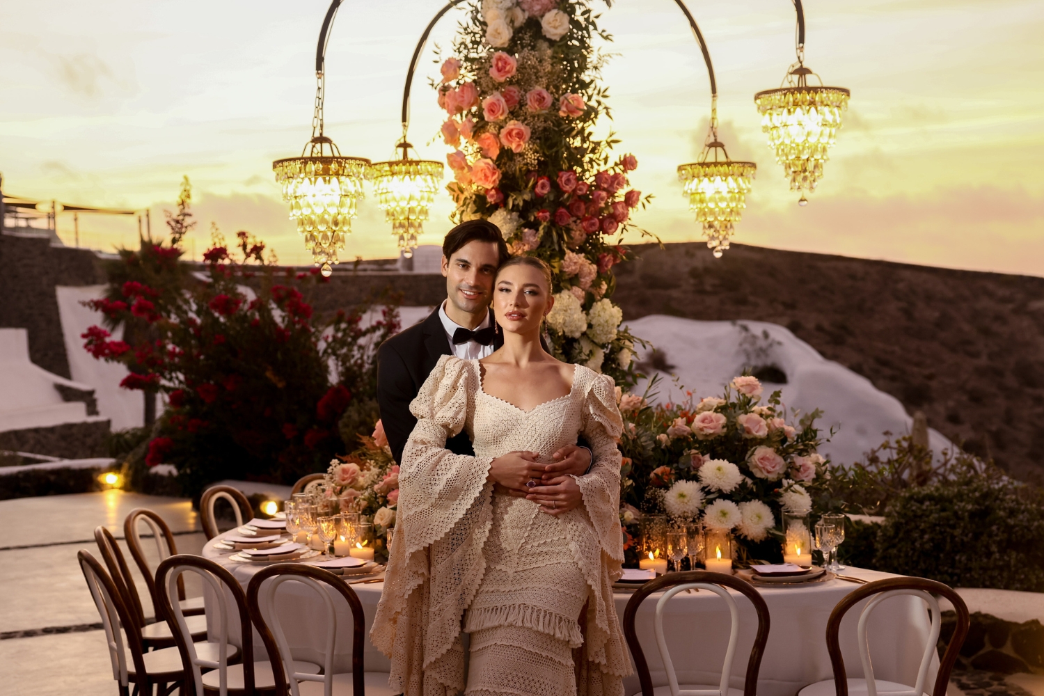 Venetsanos winery in Santorini wedding, dressed in Atelier Zolotas bridal couture