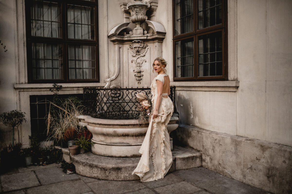 Bride in Vienna, wearing a backless mermaid dress by Atelier Zolotas