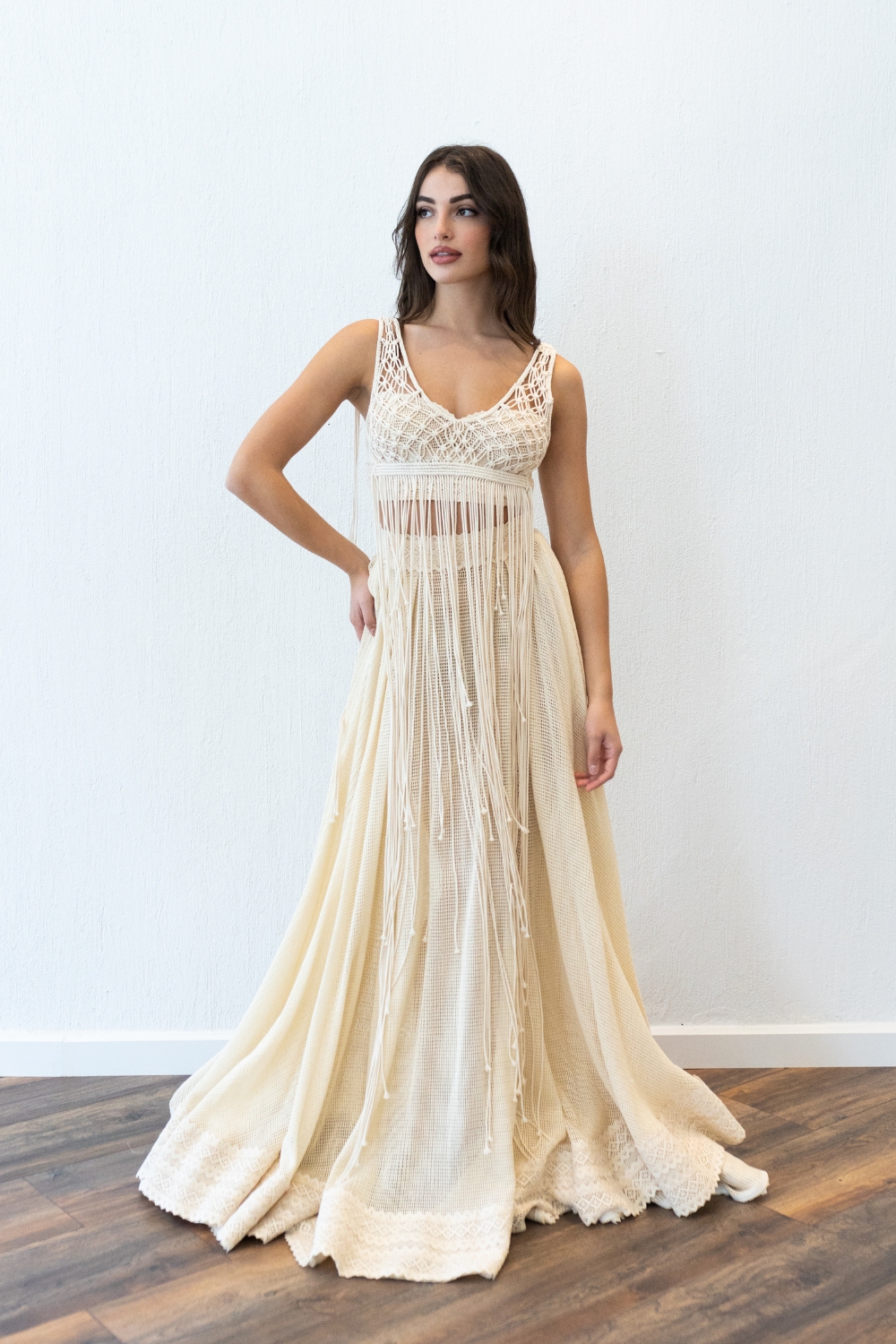 Model in the crop top macrame wedding dress Vivian by Atelier Zolotas